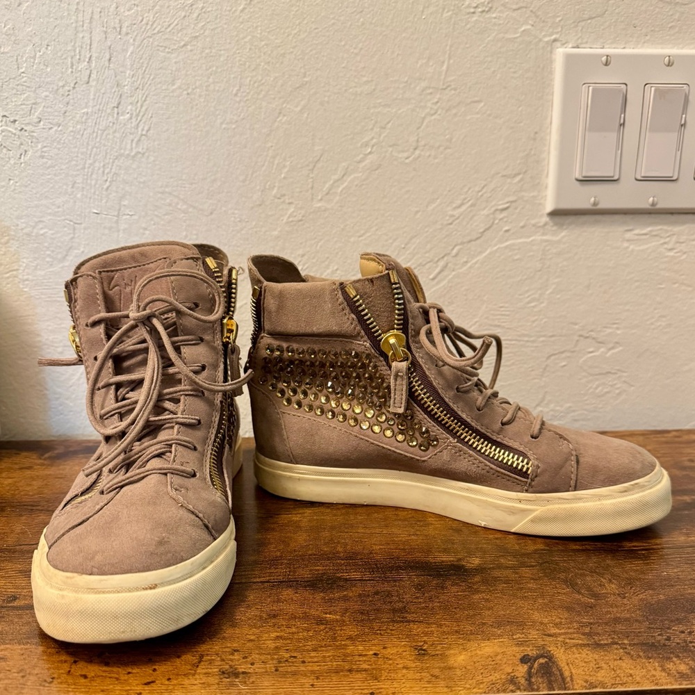 Giuseppe Zanotti Crystal Embellished Taupe Suede High-Top Sneakers